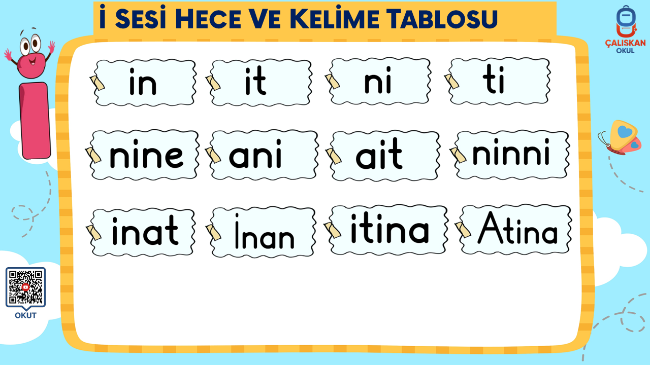 İ Sesi Hece ve Kelime Tablosu