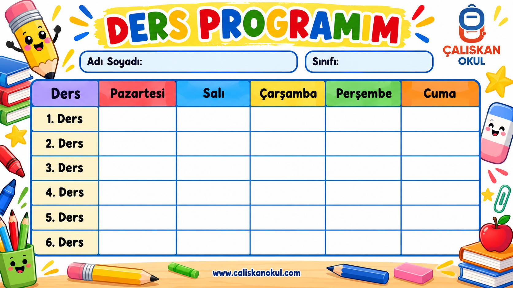İlkokul İçin Renkli Ders Programları – 10 Farklı Tasarım